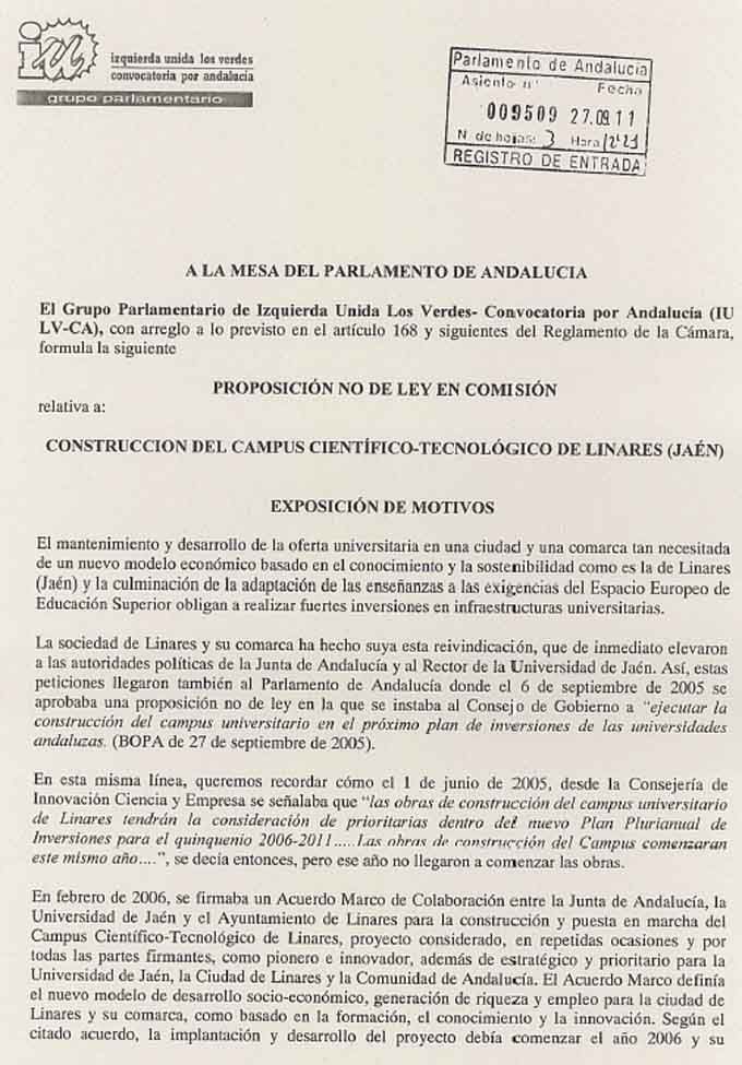 IU-LV-CA registra una proposición no de ley sobre el campus de Linares